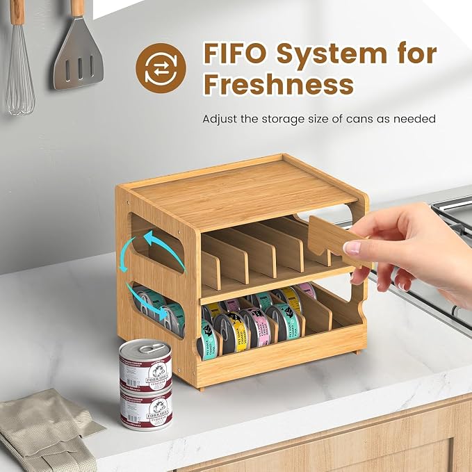 Stackable Bamboo Cat Food Can Organizer, Cat Canned Food Organizer Storage | 2-Tier Adjustable Stacking Can Dispensers, First-In & First-Out System, Holds Up to 36 Cans - for Pantry, Cabinet, Countertop - Image 2