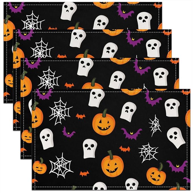 Feelyou Happy Halloween Placemats Set of 4 Ghost Pumpkin Table Mats for Party Kitchen Dining Decoration Holiday Seasonal Black Orange White Place Mat for Dinner Table Indoor Outdoor 18"x12" Cobweb by Feelyou