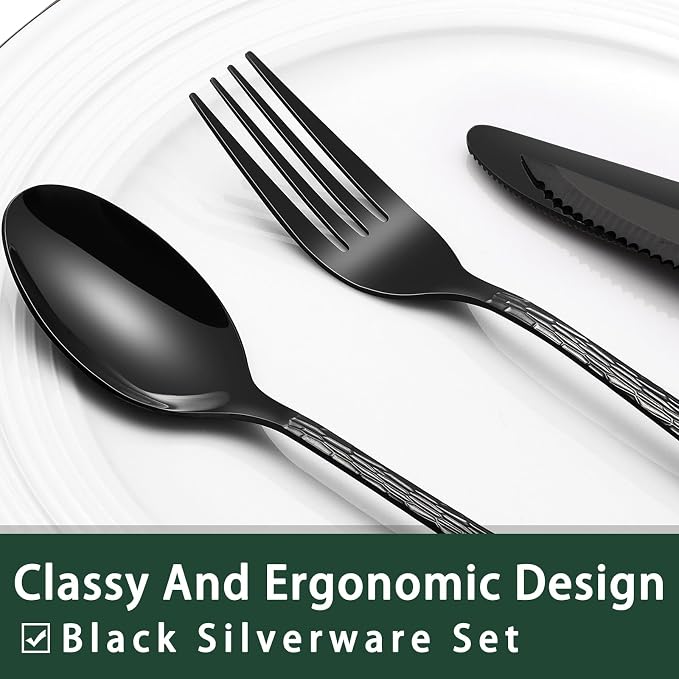 EWFEN 24-Piece Black Silverware Set with Steak Knives, Black Flatware Set for 4, Food-Grade Stainless Steel Tableware Cutlery Set, Mirror Finished Utensil Sets for Home Restaurant, Tree Pattern - Image 3