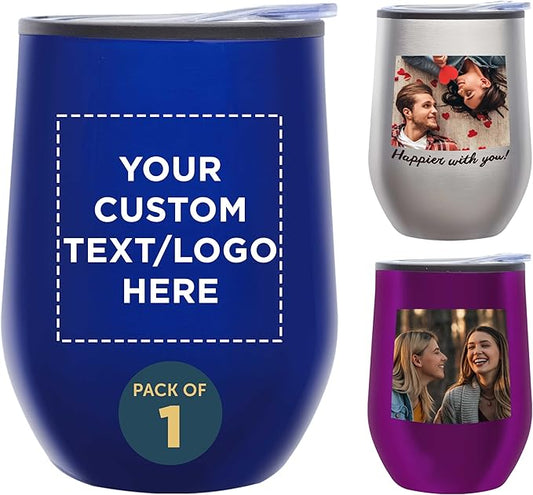 DISCOUNT PROMOS Custom Stemless Wine Tumblers 12 oz. Set of 1, Personalized Bulk Pack - Insulated, Perfect for Wine, Cocktails, Other Hot & Cold Beverages - Blue