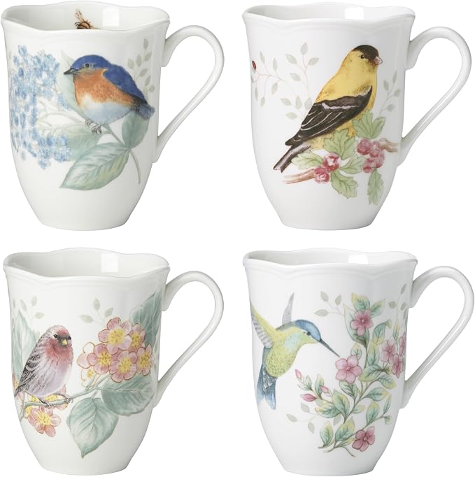 Lenox Coffee Mug Set, Butterfly Meadow Flutter 4-Piece Mugs, Service For 4, 12 Ounce Mug, Chip Resistant White Porcelain, Microwave And Dishwasher Safe, Ceramic Mugs, Coffee Cups (Assorted, 4 Piece) by Lenox