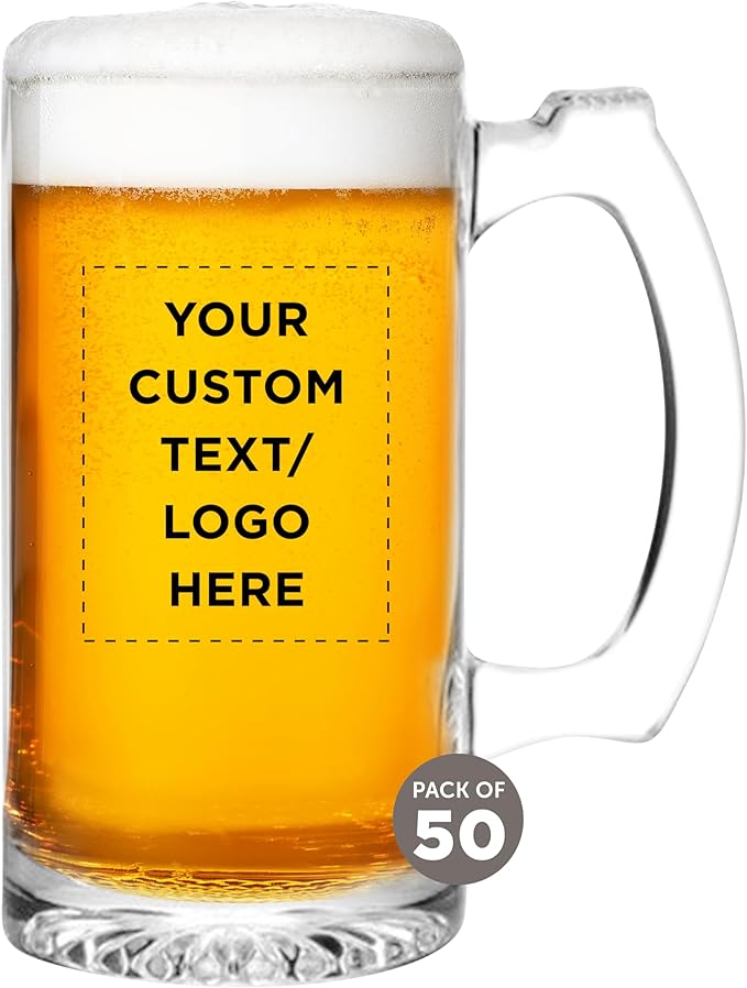 50 Libbey Beer Mugs Set, 12 oz. - Customizable Text, Logo - Groomsmen Glassware - Clear