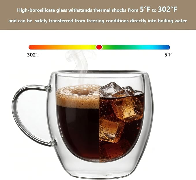 DINGPAI 4 Pack Double Wall Glass Coffee Mugs, 8oz Borosilicate Glass Mug | Heat-resistant, Cappuccino Espresso Tea Latte Cup with Handle, 4 Spoons for Stirring Beverages in Bar, Cafe, or at Home - Image 5