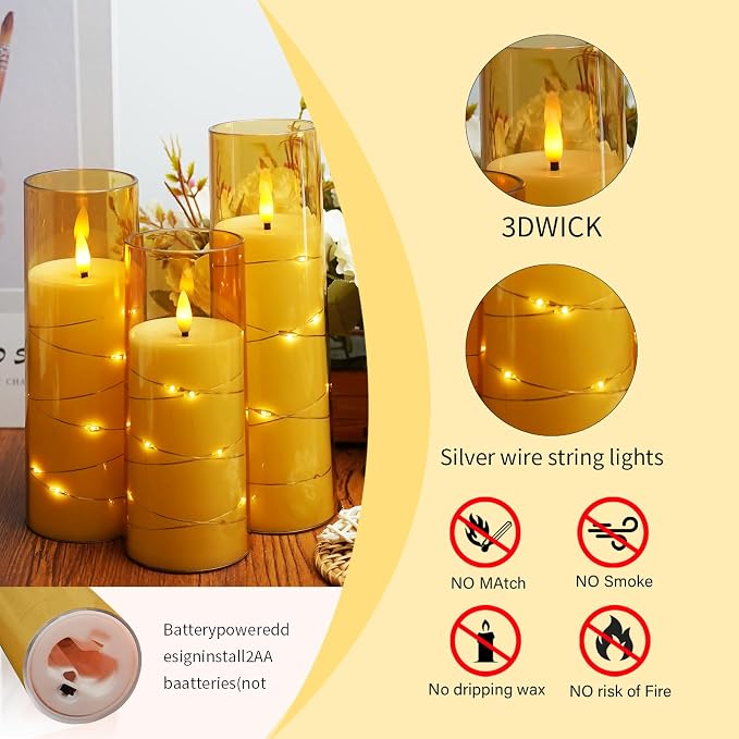 Flameless Candles,with Embedded Star String, Battery Operated Candles Flickering LED Pillar Candles with Remote Control and Timer, Home Decoration Add a Warm and Romantic Atmosphere，Set of 7 (Gold) - Image 6