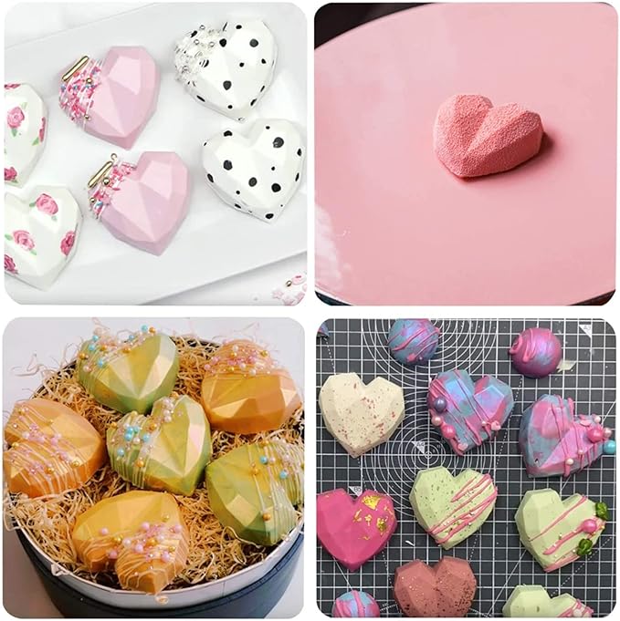 2 Pack Diamond Heart Shaped Chocolate Mold - 15 Holes 3D Heart Mousse Cake Mold - Silicone Mini Baking Pan for Dessert Mousses & Jelly - Wedding & Party