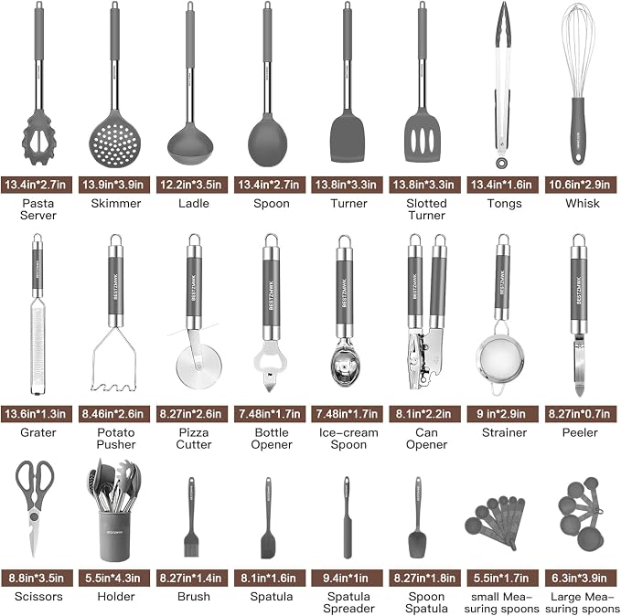 Kitchen Utensils Set-Silicone Cooking Utensils-32pcs Non-Stick Silicone Cooking Kitchen Utensils Spatula Set with Holder-Best Kitchen Cookware with Stainless Steel Handle (Grey) - Image 2