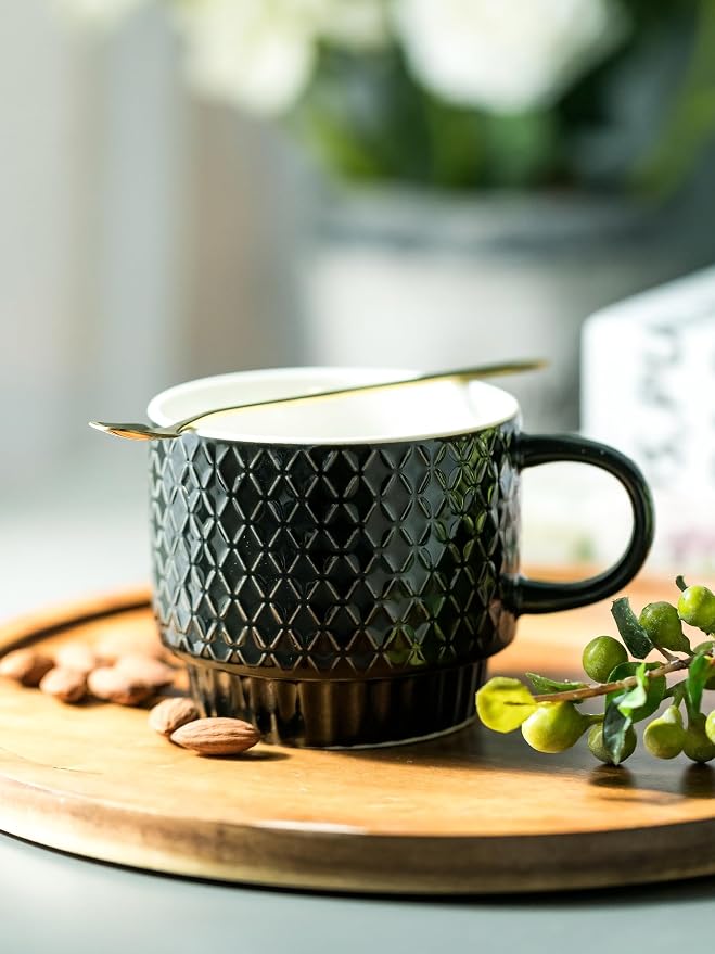 LYEOBOH Stackable Coffee Mugs Set of 4 with Rack & Spoons Coffee Mug Set 13 OZ., Ceramic Embossed Grinding Demitasse Cups Set Cappuccino Cup Halloween for Coffee, Latte, Macchiato, Espresso, Black - Image 6