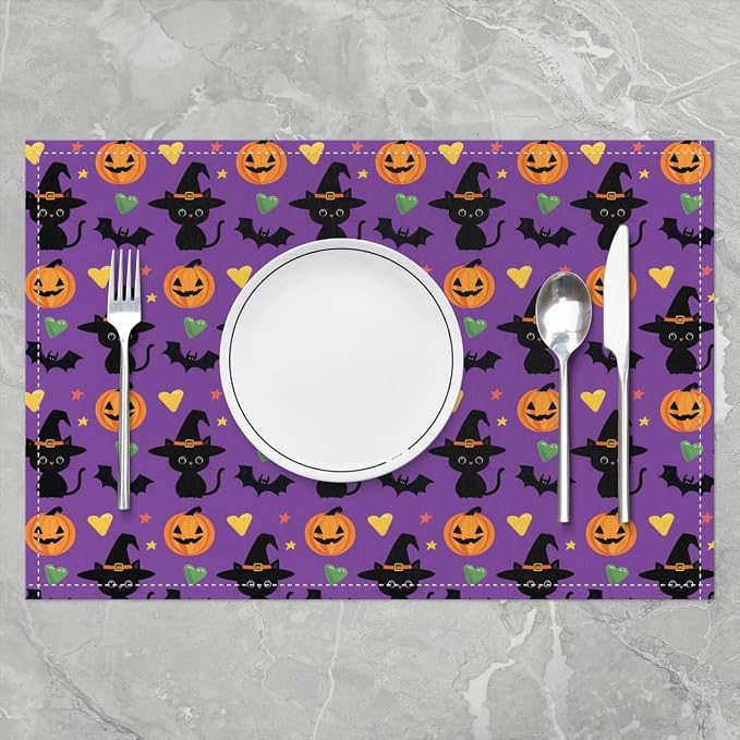 Feelyou Happy Halloween Placemats Set of 4 Cute Ghost Cat Table Mats for Party Kitchen Dining Decoration Holiday Seasonal Purple Orange Black Place Mat for Dinner Table Indoor Outdoor 18"x12" Pumpkin - Image 2