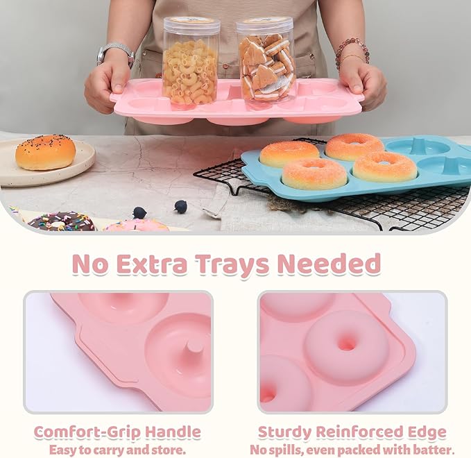 Nonstick Silicone Donut Pan: 4 Inch Large Donut Mold with Metal Frame - Bagel Doughnut Pan for Baking Gluten Free Glazed Vegan - for Oven Housewife Home Baker Baking Lovers (Pink & Beige)