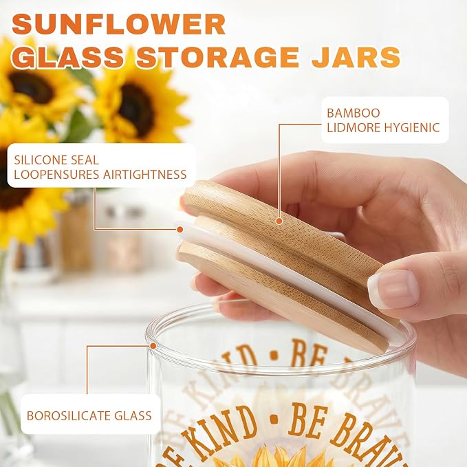Sunflower Glass Storage Jars with Lids, Candy Cookie Jars, 3 Pcs | Sunflower Inspirational Candy Jars Summer Floral Motivational Kitchen Decor Canister Yellow Floral Kitchen Containers Set - Image 4