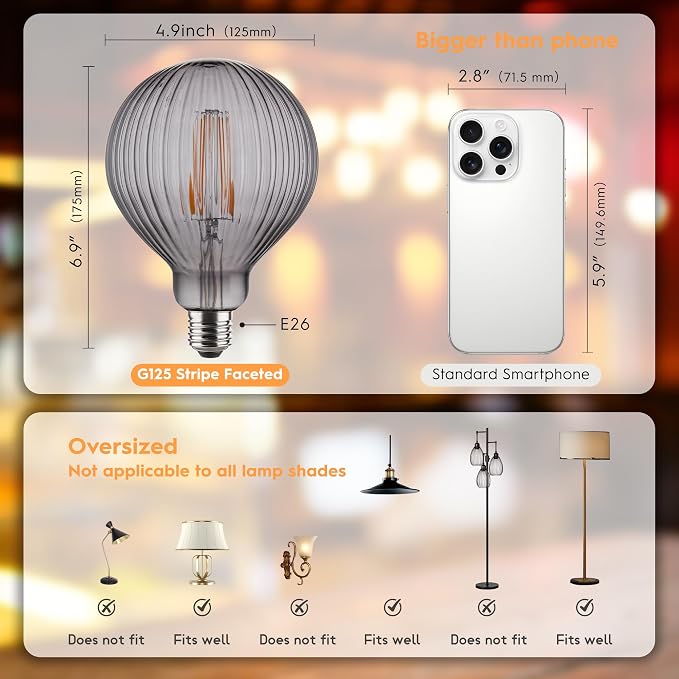G125 Edison LED Bulb,4W Dimmable E26,2200K Smoke Striated Glass | Vintage Oversized Large Edison Bulb, Soft Warm Lighting, Dim, Widely Used In Stores, Coffee Shops & Indoor Outdoor Scenes - Image 2