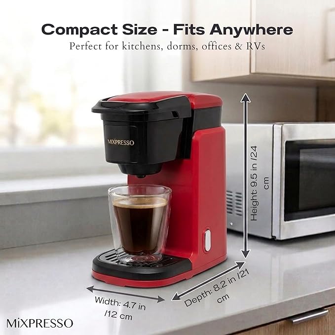Mixpresso Single Serve Coffee Maker K Cup Coffee Maker for K Pods & Grounds | Compact 800W Red Coffee Machine with 12 Oz Water Tank, Fast Brew & Auto Shut-Off, Small Design for Travel, Office, RV & Dorm - Image 2