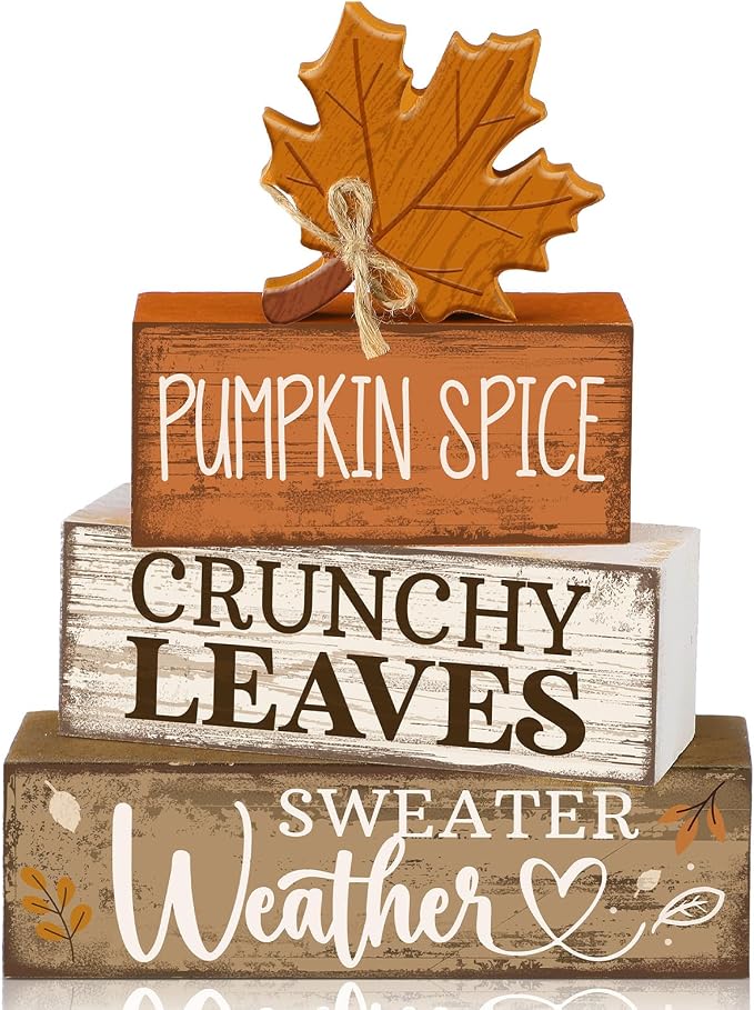 Moucuny 4 Pcs Fall Decor Wooden Maple Leaf Decoration Thanksgiving Tiered Tray Decor Rustic Wooden Maple Leaf Block Sign Thanksgiving Table Centerpiece Farmhouse for Autumn Harvest Party Kitchen Home by Moucuny