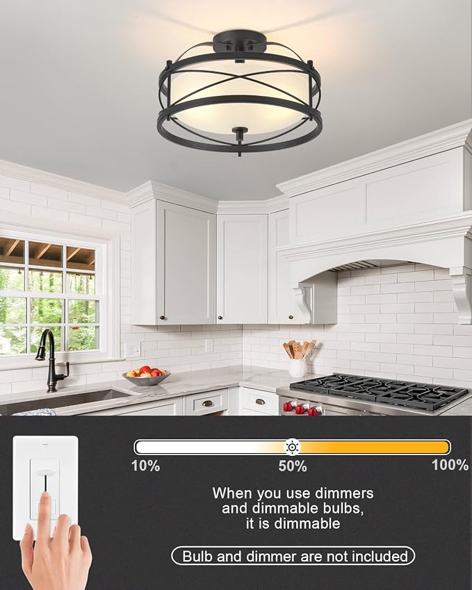 Entryway Drum Light Fixtures, Semi-Flush Mount Rustic Ceiling Light for Hallway Living Room Bedroom Kitchen (Black) - Image 5
