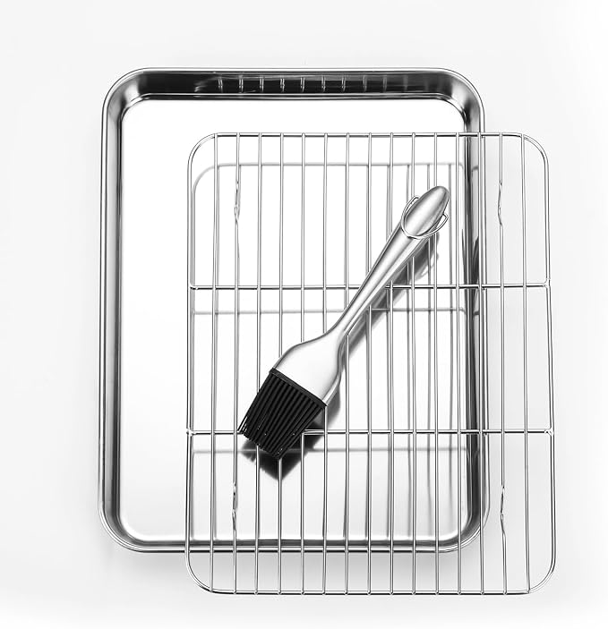 DOCBLACK Baking Sheet with Wire Rack and Silicone Pastry Basting Brush Set, Stainless Steel Cookie Sheet Baking Tray & Cooling Rack & Silicone Food Brush for Cooking and Oven, Dishwasher Safe -Silver by BOCBLACKKITCHENACCESSORIES