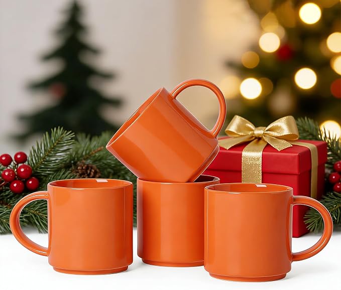 Coffee Mugs Set of 4, Stoneware Coffee Cups with Comfortable Handle, 16oz Ceramic Mugs for Kitchen & Office, Dishwasher & Microwave Safe - Orange - Image 9