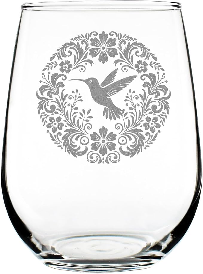 Hummingbird Floral Mandala 17oz Stemless Wine Glass, Hand Engraved Etched Glassware, Bird Lover by Make+Your+Mark+Design