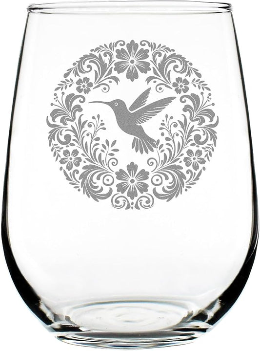 Hummingbird Floral Mandala 17oz Stemless Wine Glass, Hand Engraved Etched Glassware, Bird Lover by Make+Your+Mark+Design