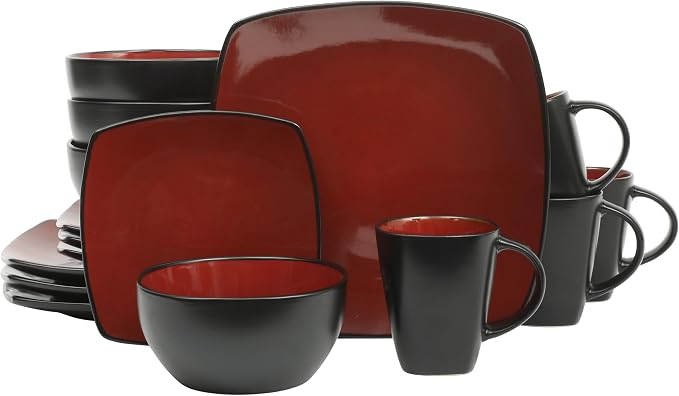 Gibson Elite Soho Lounge Square 16-Piece Dinnerware Set, Service for 4, Reactive Glaze Stoneware Plates and Bowls, Modern Dishes, Microwave & Dishwasher Safe – Red and Black by GibsonHomewares