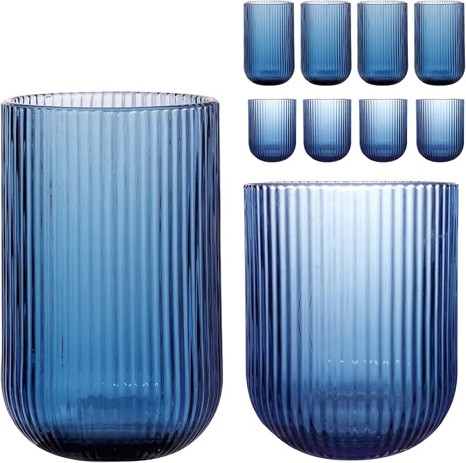 Set of 8 Ribbed Glassware,4 Highball Glasses 14oz & 4 Rocks Drinking Glasses 9oz, Origami Style, Fluted Design, for Milk, Water, Cocktail, Juice, Beer, ToothBrush Cup, Gif (Blue) by WeirdUncle