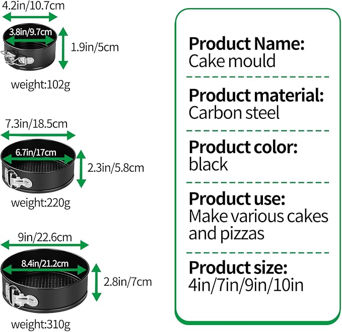 Springform Cheesecake Pan Set, 4/7/9 Inch, Removable Bottoms | 3 nonstick carbon steel pans with spring locks, removable bottoms, 50 liners, silicone spatula and pastry brush for baking - Image 9