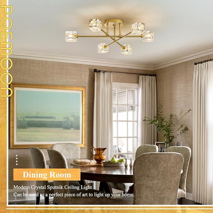 Modern Crystal Semi Flush Mount Ceiling Light Gold Sputnik Chandeliers 6 Lights Industrial 26" Chandelier for Foyer Entryway Kitchen Bedroom Living Room Dining Room - Image 5