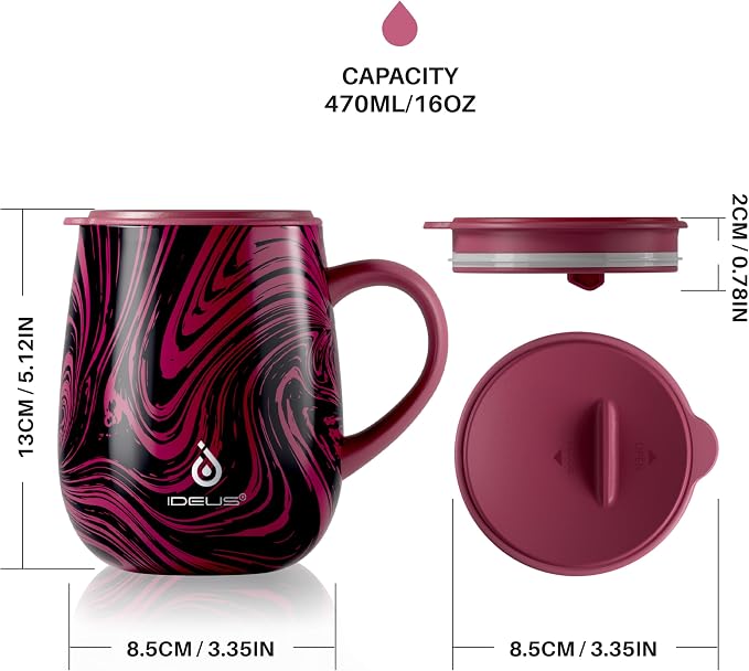 Ideus 16 oz (470 ml) Insulated Coffee Mug with Handle and Lid, Double Wall Stainless Steel Vacuum Thermal Coffee Mug, Travel Coffee Cup Thermal Cup for Home and Office (Red Zebra) - Image 5