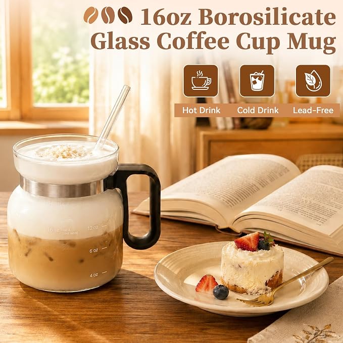 2 Pack Coffee Pot Mug, 16oz Tiny Brew Coffee Pot Coffee Mug, Thick Borosilicate Glass Mini Coffee Pot Mug with Lid for Iced Coffee, Cute Coffee Cup Gift for Coffee Lovers - Image 4