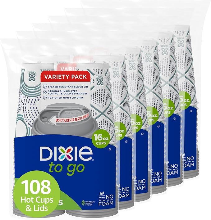 Dixie To Go Paper Coffee Cups With Lids, 16 oz, 108 Count (6 packs of 18 cups), Disposable Insulated Paper Cups for On-The-Go Hot or Cold Beverages by Unknown