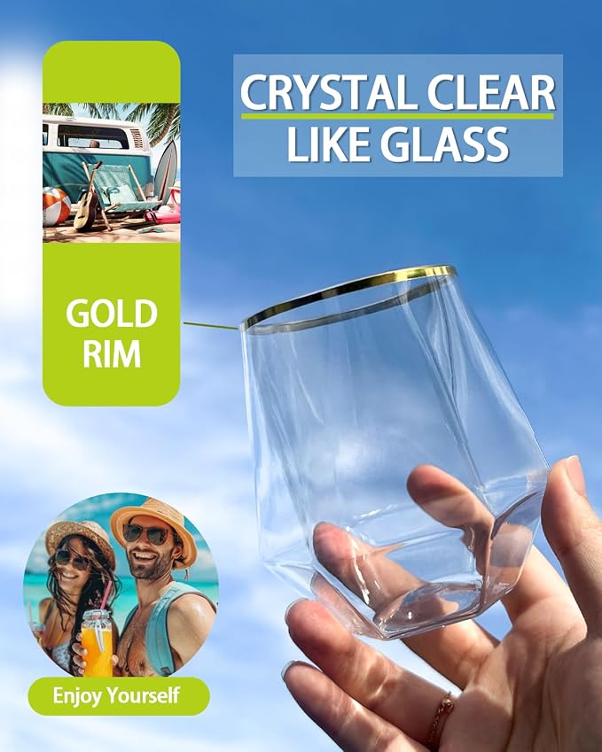 40 Pack Plastic Wine Glasses, 12 Oz Disposable Cocktail Whiskey Glasses | Gold Rimmed Diamond Stemless Champagne Margarita Glasses, Clear Unbreakable Reusable Plastic Cups for Party Wedding Birthday - Image 3