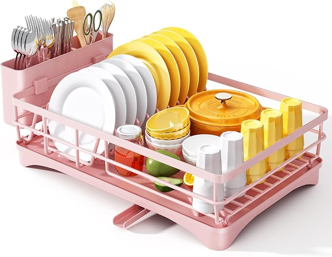 SNTD Dish Drying Rack for Kitchen Counter, 11.8" W x 16.7" L, Pink | Rustproof Stainless Steel, Large Capacity, Self-Draining Drainboard, Rotating Spout, Removable Utensil Holder by SNTD