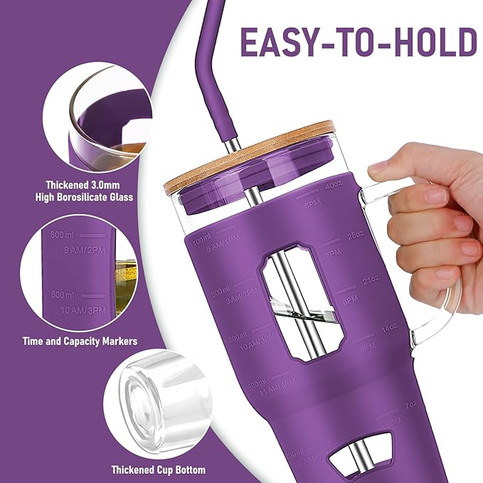 Glass Cups with Lids and Straws - 40 oz Tumbler with Handle - 16 oz Reusable Water with Bamboo Lid, Stainless Steel Straw, Silicone Sleeve for Coffee, Smoothi, Hot, Cold Drinks (2 Count)
