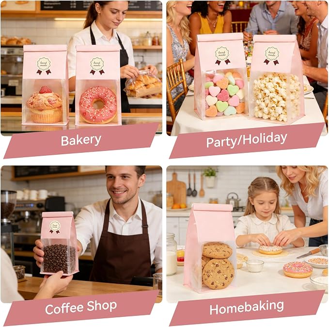 100 Cookie Bags with Seal, Resealable Bakery Bags with Window, Pink Paper Treat Bags for Packaging Pastry, Muffin, Cookie, Baked Goods, Included 120 Handmade Stickers - Image 7