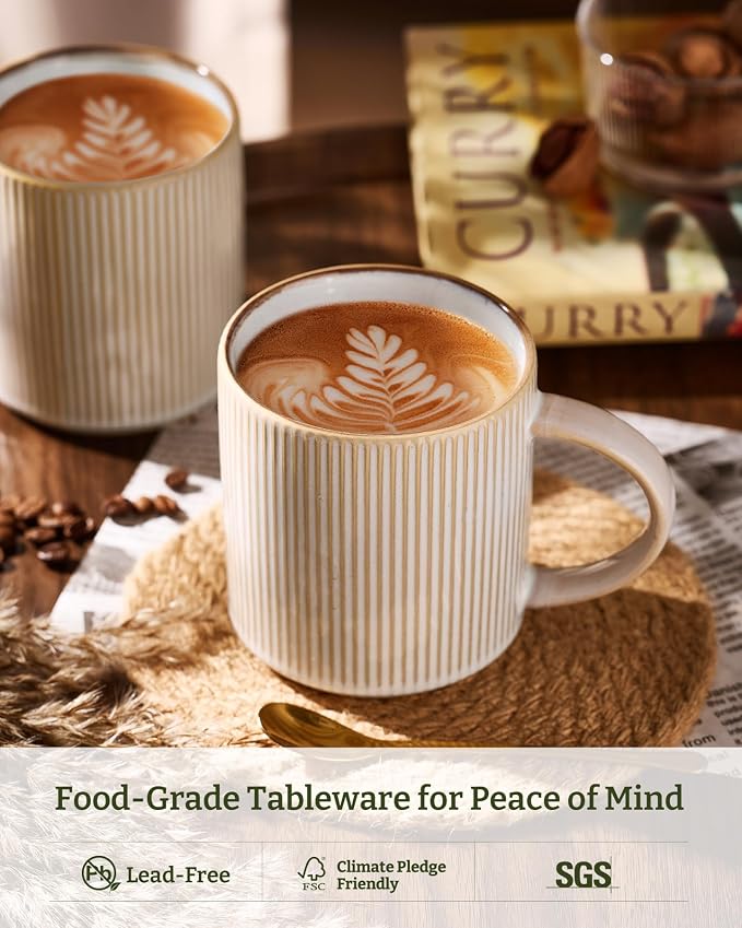 famiware Coffee Mug Set for 4, Star 16 oz Catering Mugs Cup Set with Handle for Coffee, Tea, Cocoa, Milk - Ceramic Stoneware Drinkware Set, Cappuccino White - Image 2
