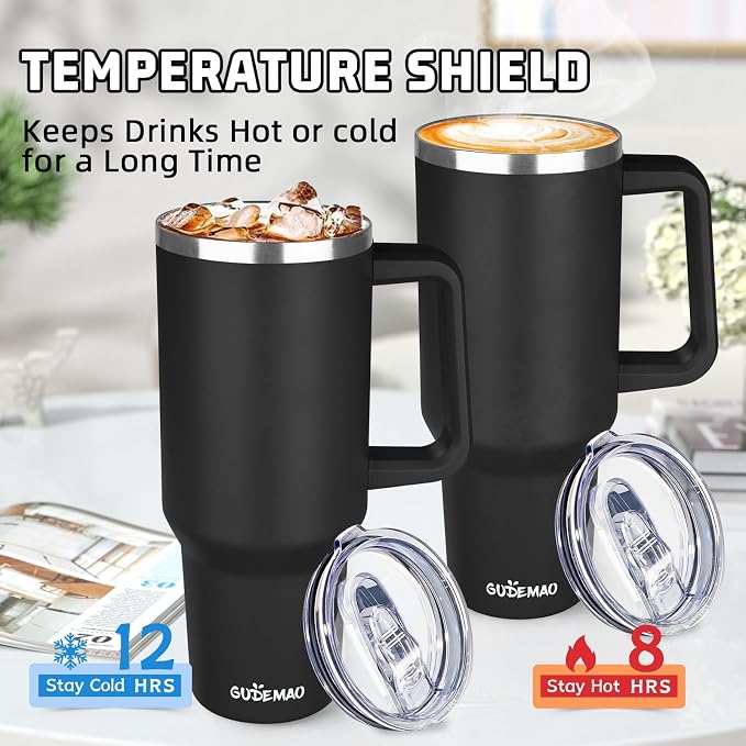 40 oz Insulated Coffee Mug with Ceramic Coating, Stainless Steel Travel Coffee Tumbler with Handle Lid and Straw, Double Wall Leak-Proof Coffee Travel Mug Keeps Drink Hot and Cold (Black) - Image 4