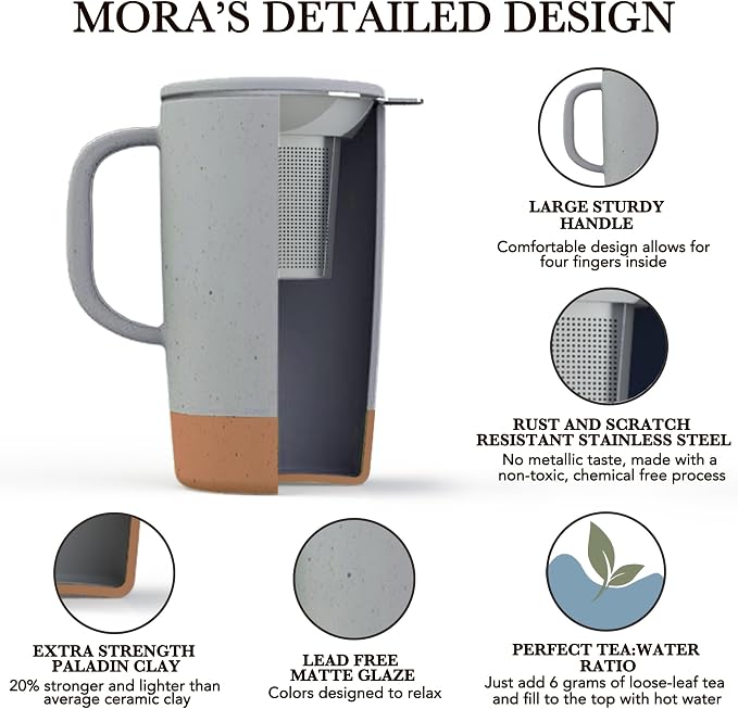 Mora Ceramics Large Tea Mug with Loose Leaf Infuser and Ceramic Lid, 18 oz, Portable, Microwave and Dishwasher Safe, Tall Coffee Cup - Rustic Matte Ceramic Glaze, Modern Herbal Tea Strainer, Sleet - Image 2