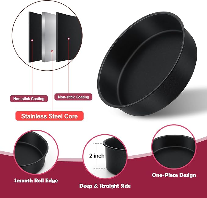 E-far 8 Inch Cake Pan Set of 3, Nonstick Round Baking Layer Cake Pans, Stainless Steel Core & Non-Toxic Coating, 2 Inch Deep (Black) - Image 3