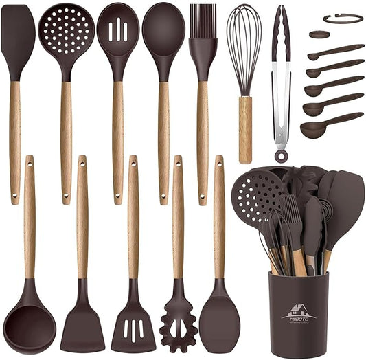 MIBOTE Silicone Cooking Kitchen Utensils Set, Wooden Handle, Coffee | BPA-Free, Non-Toxic Silicone Turner, Tongs, Spatula, Spoon Set – Great for Nonstick Cookware, Heat-Resistant, Easy Clean by MIBOTE