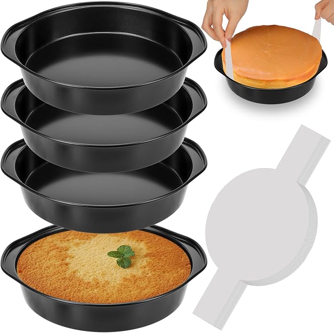 8 Inch Cake Pan, Nonstick 4 Pack Round Cake Pans with 100 Parchment Paper | Cake Pans 8 Inch for Birthday Christmas, Sturdy Circle Cake Pan Sets with Handle for Baking Layer Cakes, Dishwasher Safe by AWTBDP