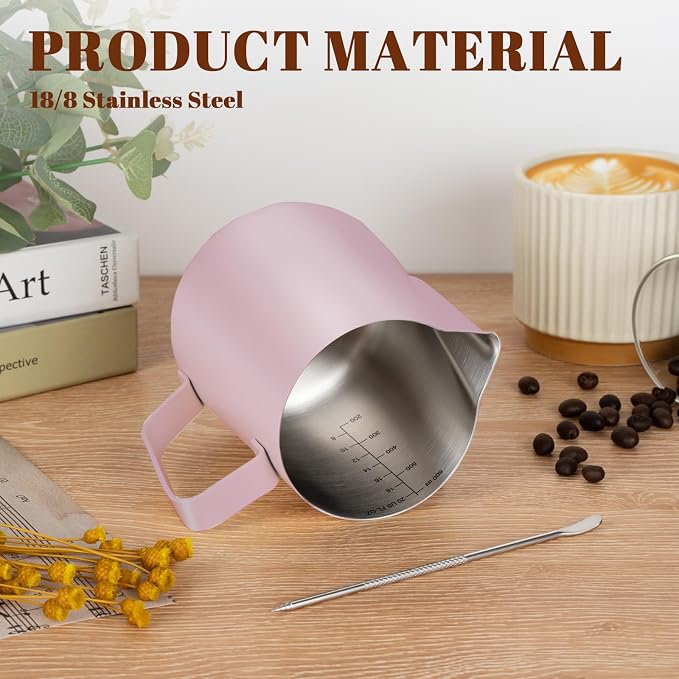 Amrules Milk Frothing Pitcher, 20 oz Milk Frother Cup with Clear Scale, 304 Stainless Steel Cappuccino Espresso Machine Accessories for Barista Coffee Bar with Latte Art Pen, Pink - Image 5