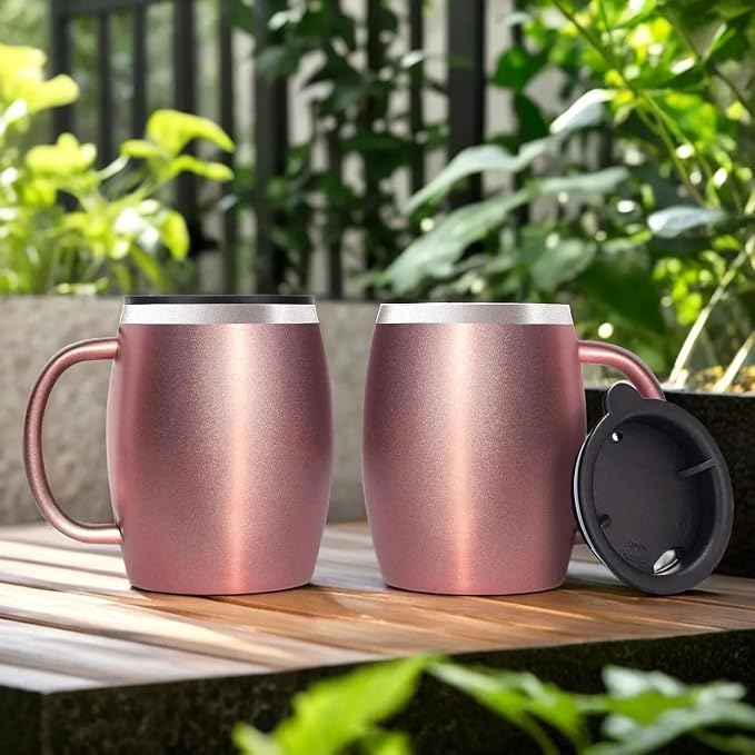 Stainless Steel Insulated Coffee Mugs Set of 2 (14 oz) – Double Wall Coffee Cups with Spill-Resistant Lid and Strong Handle, Shatterproof Cups for Cold Drinks & Hot Beverages - Rose Gold - Image 2