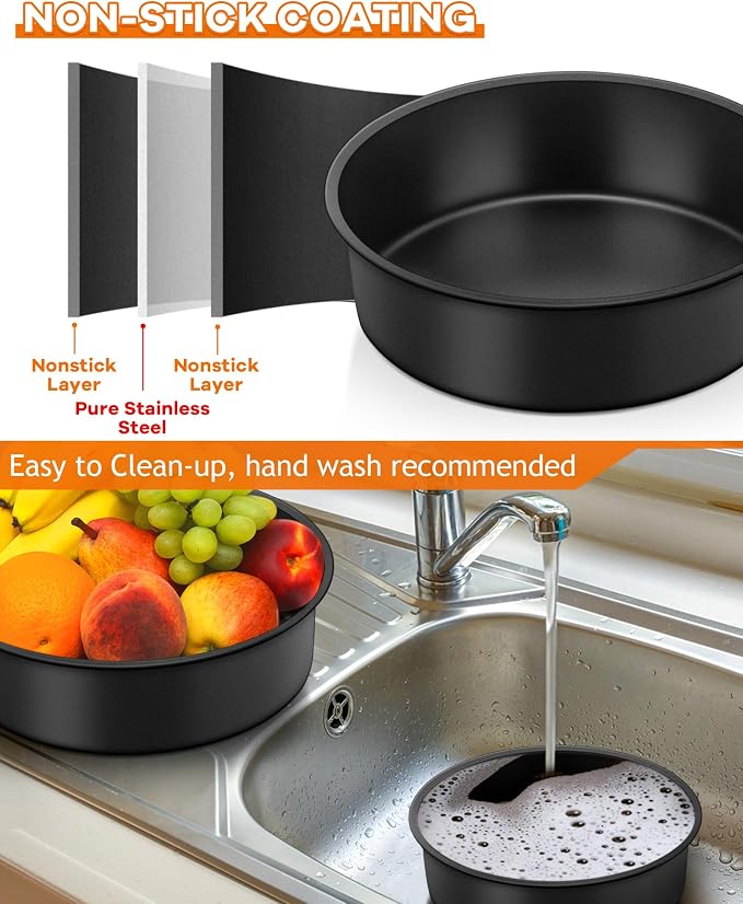 TeamFar Cake Pan, 4''/6''/8'' Stainless Steel Round Baking Tier Cake Pans | with Non-Stick Coating Stainless Steel Core, for Steaming Serving, Healthy & Heavy-Duty, Easy Release & Clean, Set of 3 - Image 7