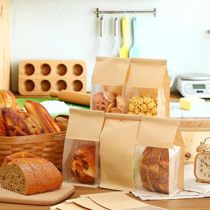 Fullhawl 250 Pcs Bakery Bags with Window, Kraft Paper Cookie Bags with Tin Tie for Sourdough, Pastry, Homemade Baked Goods, Storage Packaging (9.5 x 3.9 x 3.5 Inch) - Image 3