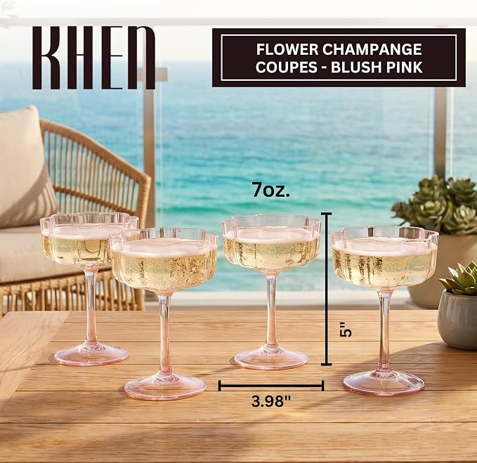 Flower Scalloped Vintage Wavy Petals Wave Glass Coupes 7oz Colorful Martini, Champagne & Cocktails, 4 Set Pink Rippled Champagne Glasses, Elegant Bar Glassware, Unique Aesthetic Coupe Glassware Gifts - Image 2