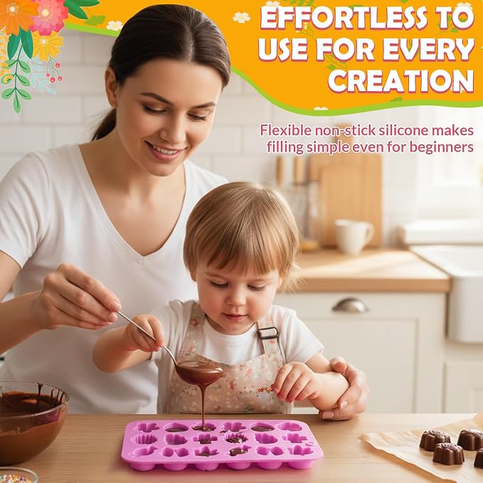 HKNMTT Flower Candy Molds Silicone, Small 9 Shapes Bite Size Chocolate Gummy Jello Gelatin Spring Cute Bow Rose Leaf Dessert Wax Melt Ice Cube Moulds Food Grade Treats Making Oven Safe Kids DIY Set - Image 6