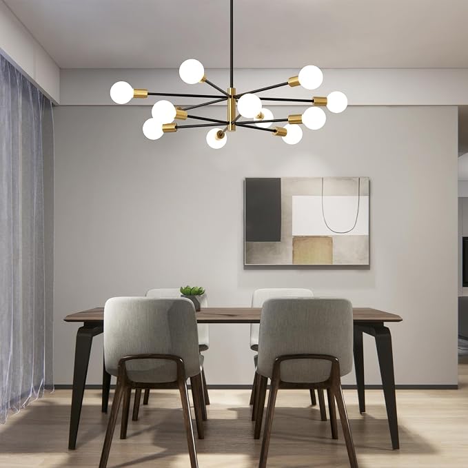 Sputnik Chandeliers Moderna Light Fixture, 12 Lights Black and Gold Mid Century Ceiling Chandelier, Height Adjustable for Living Room, Kitchen, Dining Room, Bedroom,Foyer - Image 7