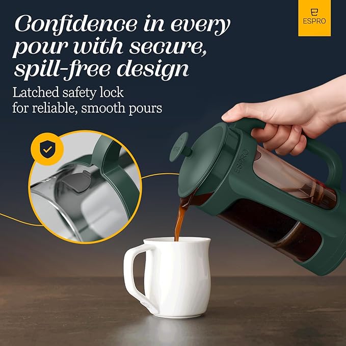 ESPRO P3 French Press Coffee Maker – Patented Double Micro-Filter for Grit-Free Brew, Heat Resistant thicker Borosilicate Glass Coffee press – Green (32 oz)