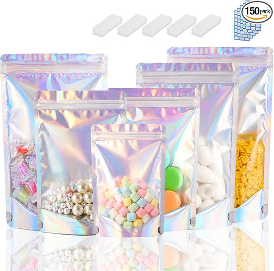 150 Pcs Mylar Bags for Food Storage, 5x8 Mylar Bag with Window Stand Up, Small Holographic Resealable Bags Smell Proof Bag Food Packaging for Small Business Freeze Dried Candy Jewelry Foil Packaging by Circloophs