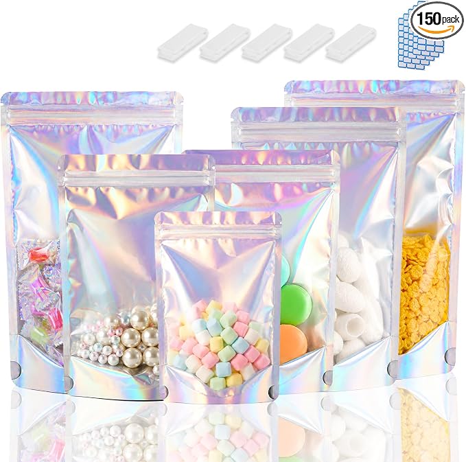 150 Pcs Mylar Bags for Food Storage, 6x9 Mylar Bag with Window Stand Up, Bulk Holographic Resealable Bags Smell Proof Bag Food Packaging for Small Business Freeze Dried Candy Jewelry Foil Packaging by Circloophs