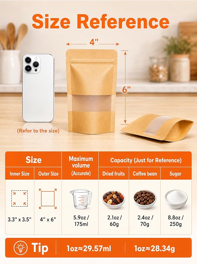 100 Pcs Kraft Paper Bags with Window, 4" x 6" Stand Up Pouches Bags, Food Storage Bags for Packaging Products, Reusable, Sealable - Image 3